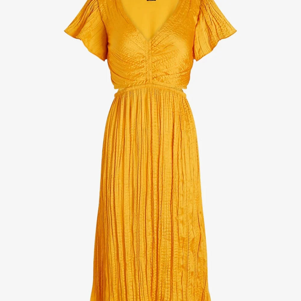 Express Satin V-Neck Flutter Sleeve Pleated Cutout Midi Dress. - Picture 8 of 16